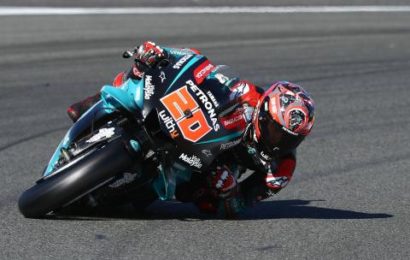 Quartararo fastest, falls, talks carbon swingarm debut