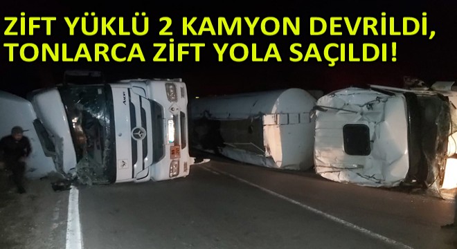 Zift Yüklü 2 Kamyon Devrildi, Tonlarca Zift Yola Saçıldı..