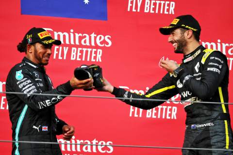 Ricciardo revels in “majestic” shoey with Hamilton on F1 podium
