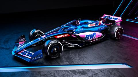 Alpine launch 2022 F1 car with blue and pink livery