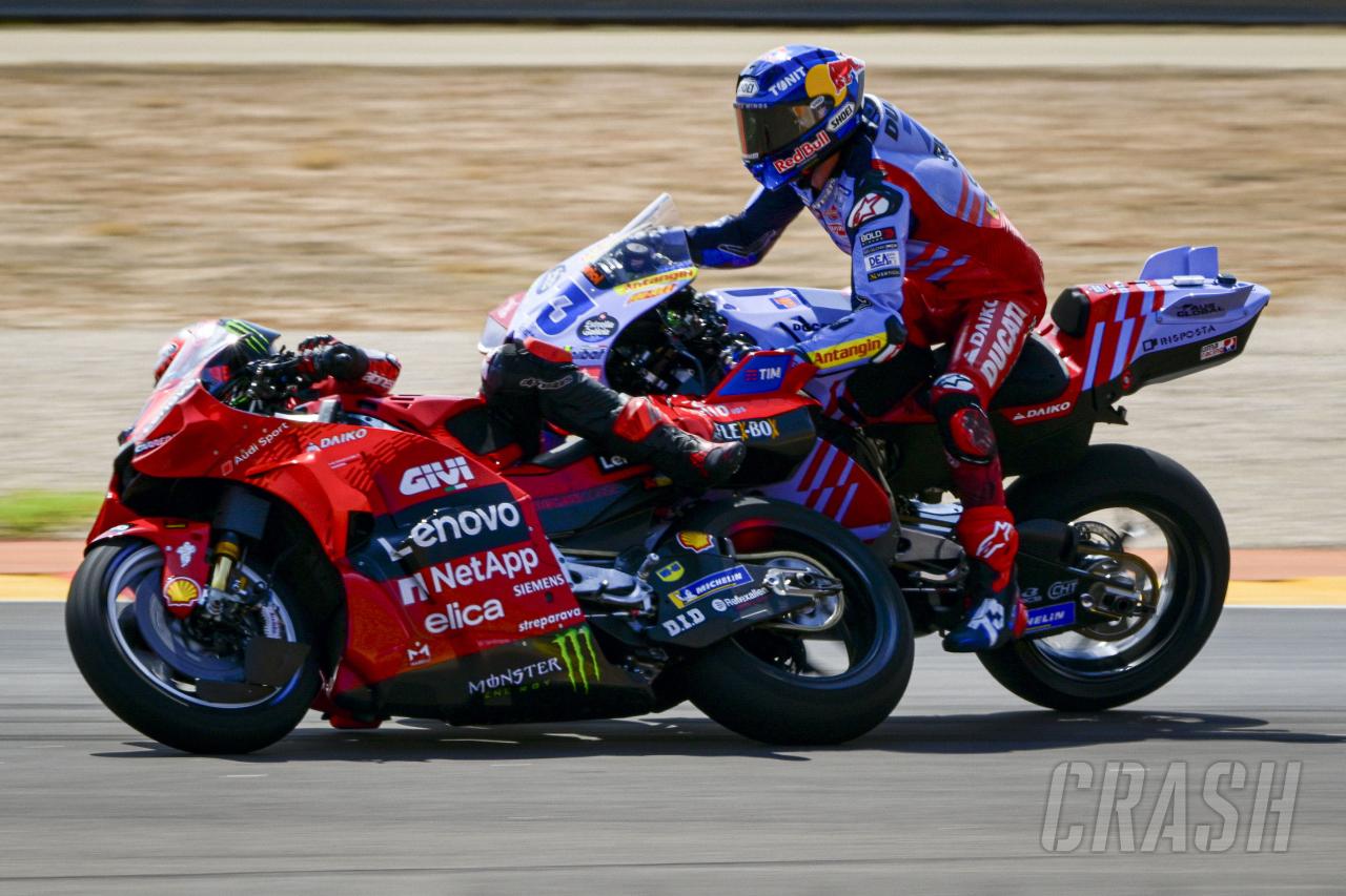 Pecco Bagnaia trapped under Alex Marquez’s bike as he crashes out at Aragon