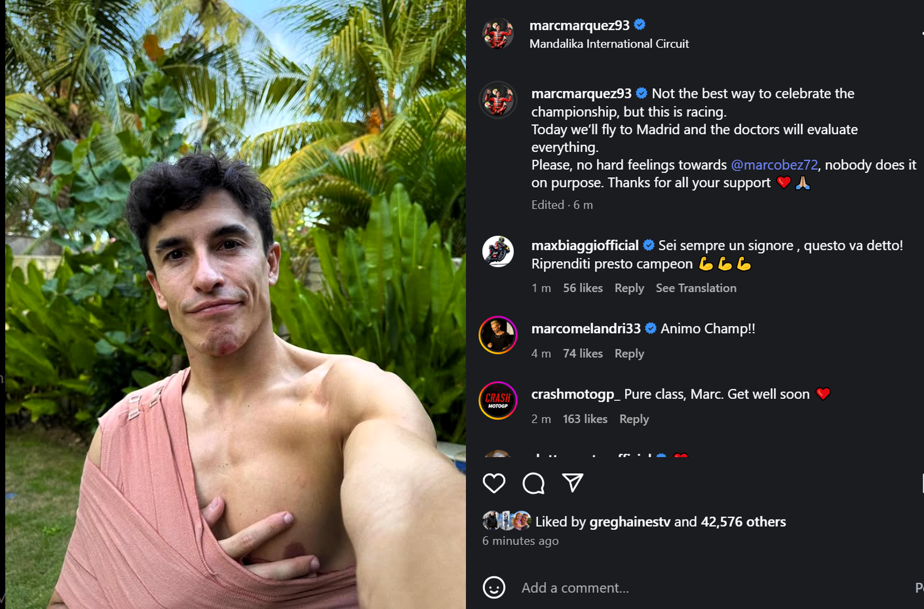 Injured Marc Marquez tells fans: “Please, no hard feelings towards Marco Bezzecchi” after Indonesian MotoGP