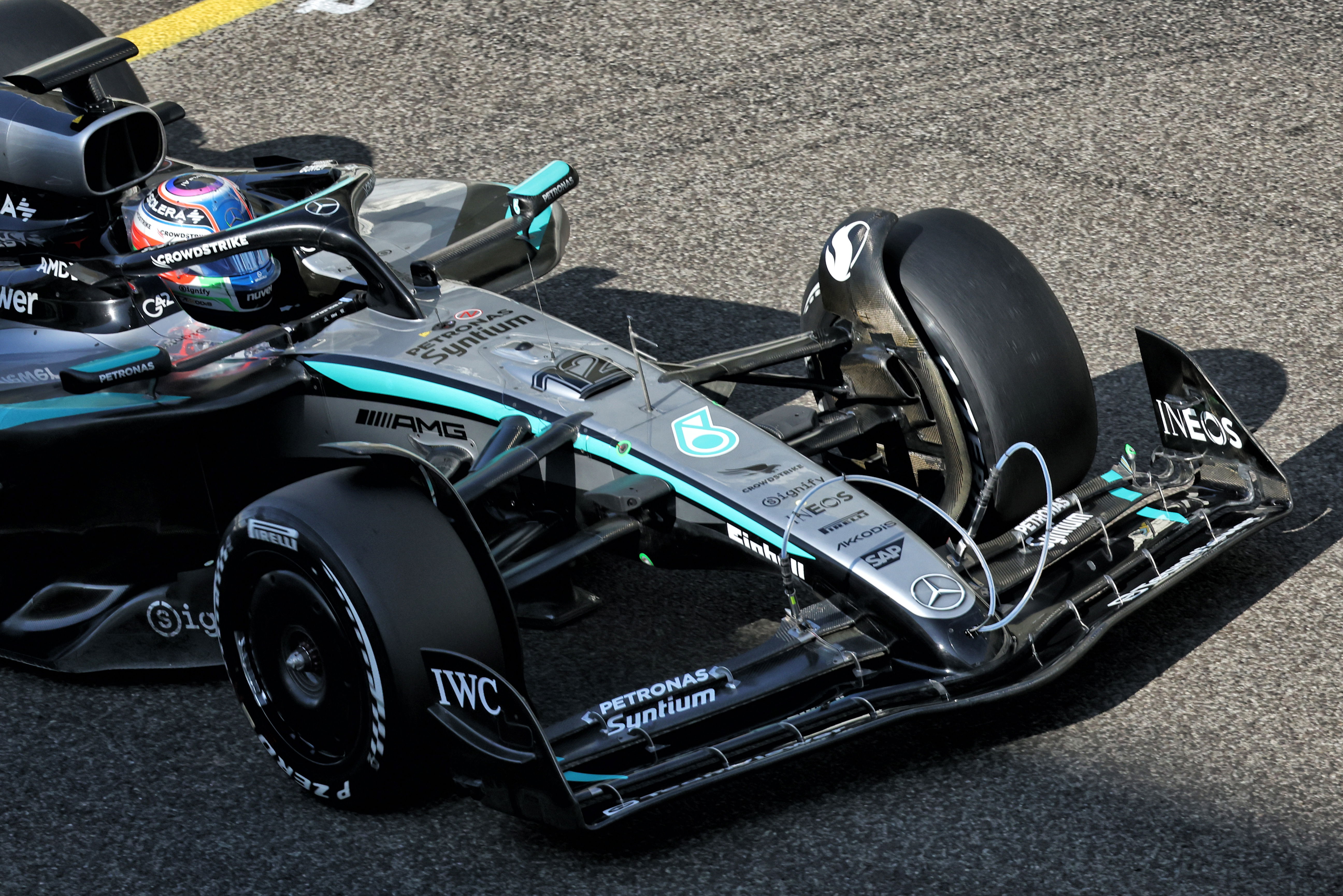 Mercedes run unusual front wing design for 2026 on mule car in Abu Dhabi test Mercedes run unusual front wing design for 2026 on mule car in Abu Dhabi test